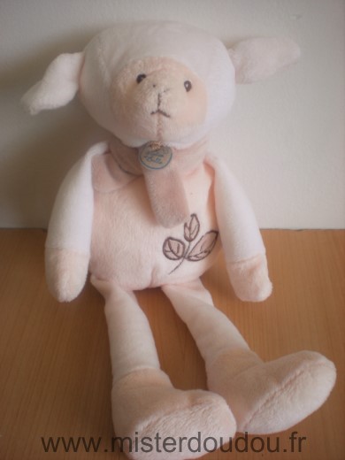 Doudou Mouton Cp international Ecru beige malice et bulle motif feuilles 