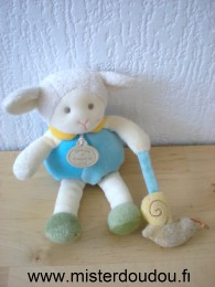 Doudou Mouton Doudou et compagnie Bleu vert blanc tenant un escargot 