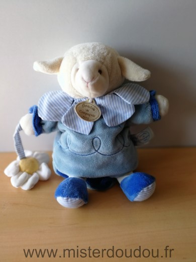 Doudou Mouton Doudou et compagnie Gaston bleu blanc fleur 