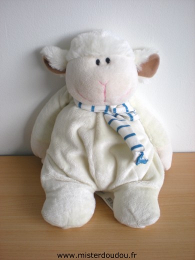 Doudou Mouton Monoprix Ecru echarpe rayé blanc bleu 