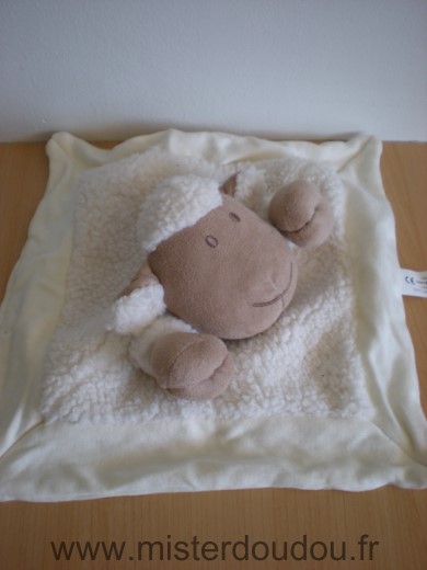 Doudou Mouton Nature et découvertes Ecru blanc et un carre en velour jaune dessous 