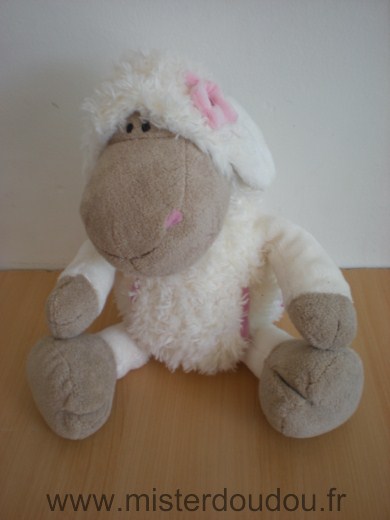 Doudou Mouton Nici Blanc marron fleur rose 