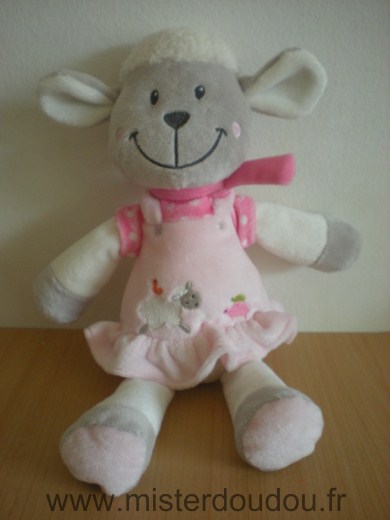 Doudou Mouton Nicotoy Gris blanc robe rose 