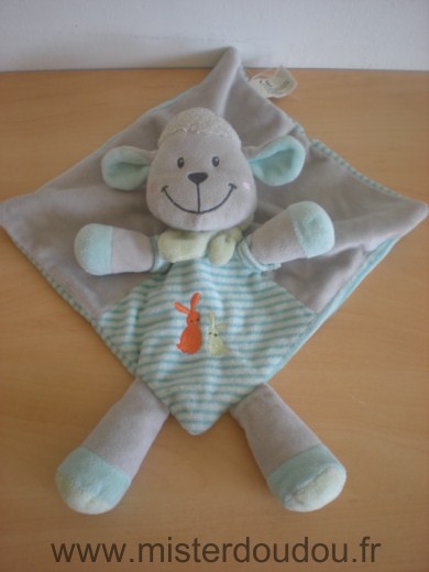 Doudou Mouton Nicotoy Gris  rayé bleu blanc avec brodés 2 lapins orange jaune 