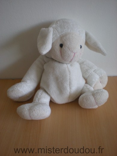 Doudou Mouton 0 Blanc museau beige dessous des pattes beige billes noirs pour les yeux 