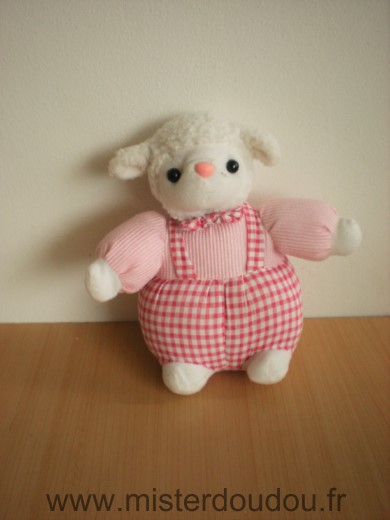 Doudou Mouton - marque non connue - Blanc rose salopette vichy rouge 