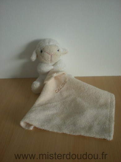 Doudou Mouton 0 Ecru avec mouchoir écru brodé 