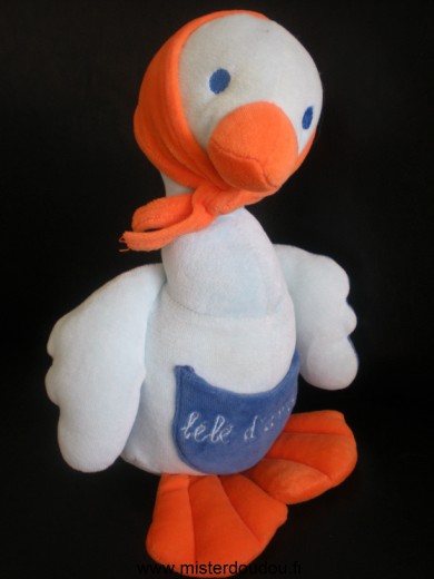 Doudou Oie Graine d éveil Bleu orange brodé bébé d'amour 