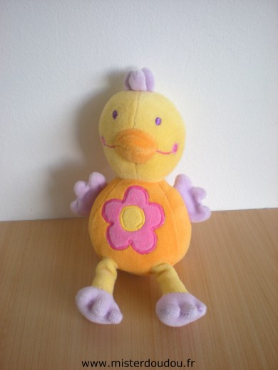 Doudou Oiseau Baby sun Jaune orange fleur rose 