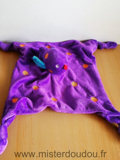 Doudou Oiseau Carré blanc Violet pois orange 