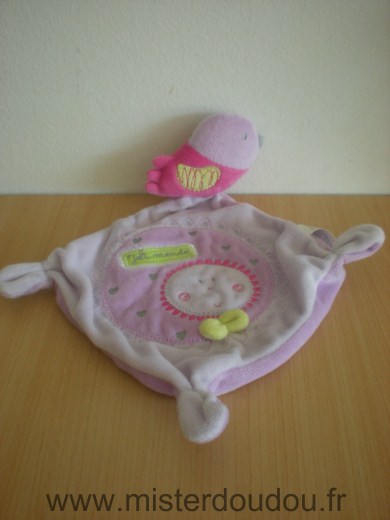 Doudou Oiseau Nicotoy Mauve rose brodé 