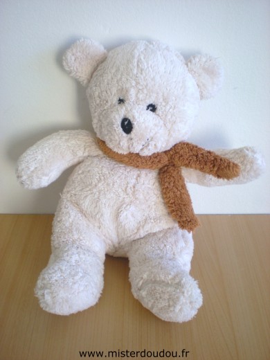 Doudou Ours 0 Blanc echarpe marron 