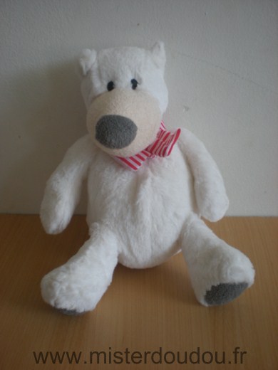 Doudou Ours 0 Blanc écharpe rayée rouge et blanc 