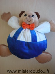 Doudou Ours 0 Blanc salopette bleu noeud orange 