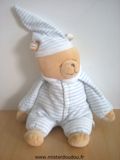 Doudou Ours 0 Ours dormeur rayé blanc bleu 