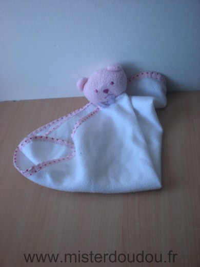 Doudou Ours 0 Rose mouchoir blanc liseret rose 