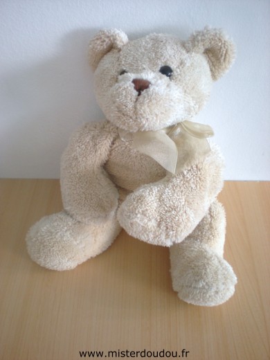 Doudou Ours 3 suisses Beige ruban beige 