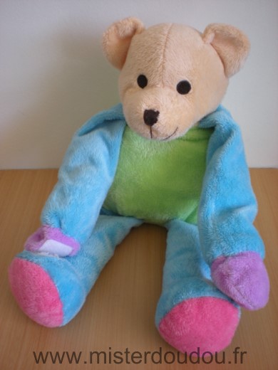 Doudou Ours 3 suisses Vert bleu rose 