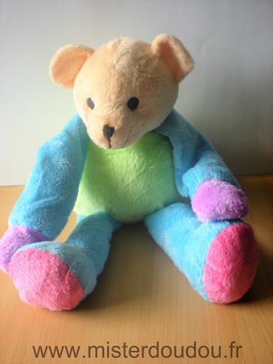 Doudou Ours 3 suisses Vert bleu rose 