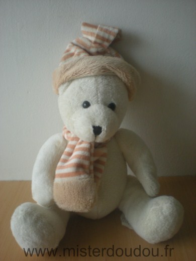 Doudou Ours Afibel Ecru bonnet echarpe rayée beige blanc 