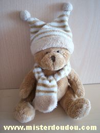 Doudou Ours Afibel Marron bonnet et écharpe rayés blanc marron 