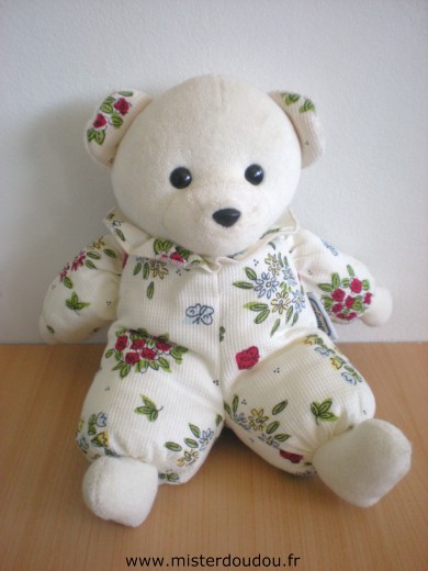 Doudou Ours Ajena Blanc motifs fleurs 