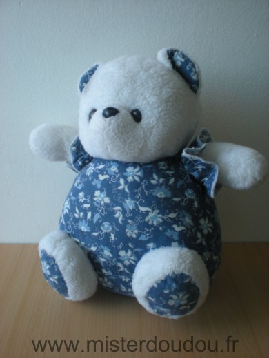 Doudou Ours Ajena Bleu motifs fleurs tête en peluche 