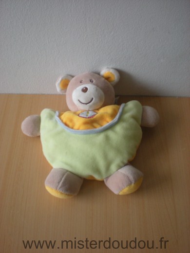 Doudou Ours Ajena Vert jaune motif soleil 