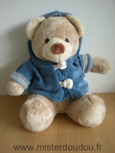 Doudou Ours Animal alley Beige ecru nez marron veste capuche bleue amovible 