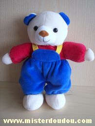 Doudou Ours Animal alley Ecru rouge salopette bleue 