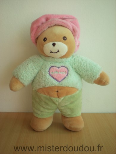 Doudou Ours Artesavi Takinou vert beige casquette rose coeur 