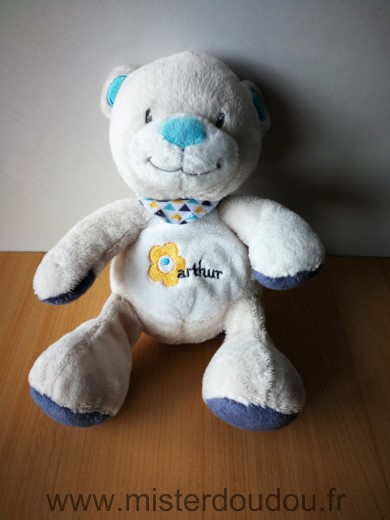 Doudou Ours Arthur et lola Arthur gris bleu fleur jaune 