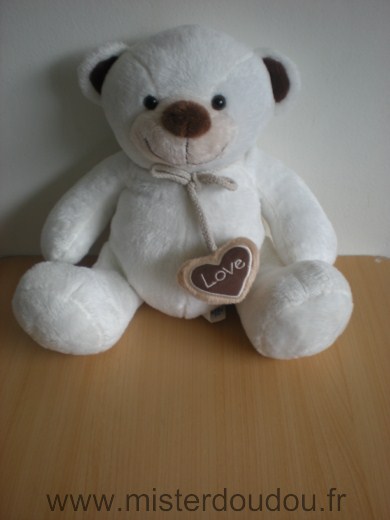 Doudou Ours Aubert Blanc marron deux coeurs love bear p tit bisous 