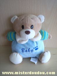 Doudou Ours Auchan Beige ecru bleu bras rayés bleu et vert 