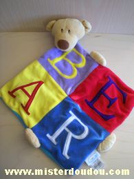 Doudou Ours Baby connection Rouge violet bleu jaune et dessous bleu Ecrit bear