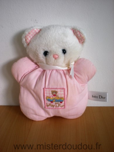 Doudou Ours Baby dior Rose tete peluche blanche 