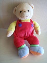 Doudou Ours Baby gund Beige jaune salopette rouge 