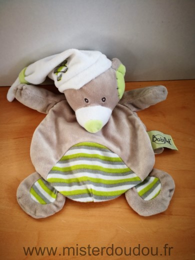 Doudou Ours Baby nat Beige vert bonnet blanc 