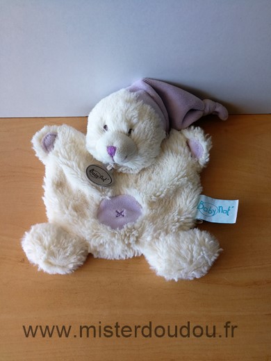 Doudou Ours Baby nat Blanc bonnet mauve 