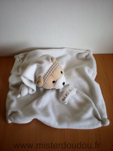 Doudou Ours Baby nat Blanc col vichy beige 