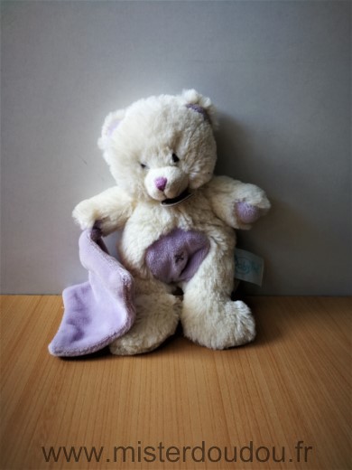 Doudou Ours Baby nat Blanc ecru mouchoir mauve 