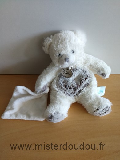 Doudou Ours Baby nat Blanc gris mouchoir blanc 