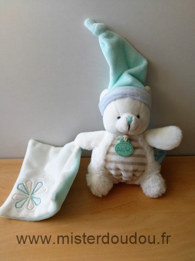 Doudou Ours Baby nat Blanc raye beige bonnet bleu vert mouchoir fleur 