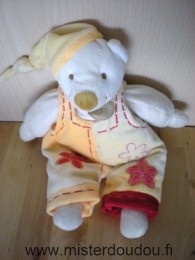 Doudou Ours Baby nat Blanc salopette jaune fleurs rouges 