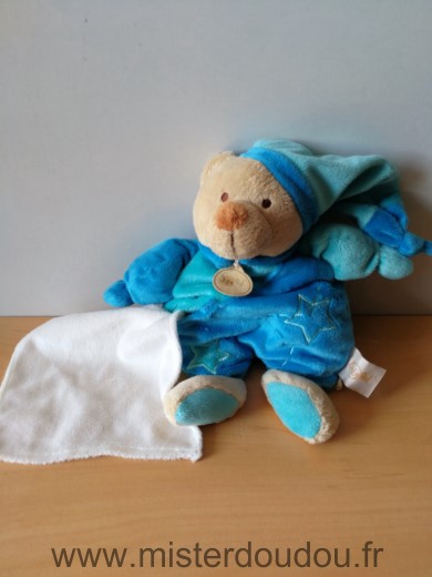 Doudou Ours Baby nat Bleu bonnet bleu mouchoir blanc etoiles 