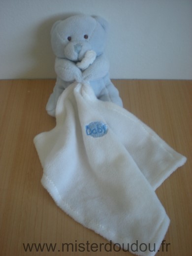 Doudou Ours Baby nat Bleu mouchoir blanc 