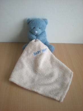 Doudou Ours Baby nat Bleu mouchoir ecru 