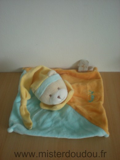Doudou Ours Baby nat Bleu orange bonnet  jaune 