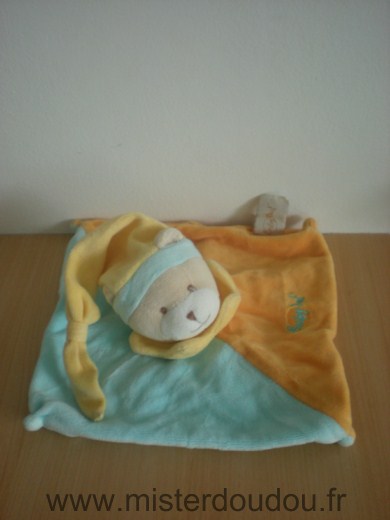 Doudou Ours Baby nat Bleu orange bonnet  jaune 