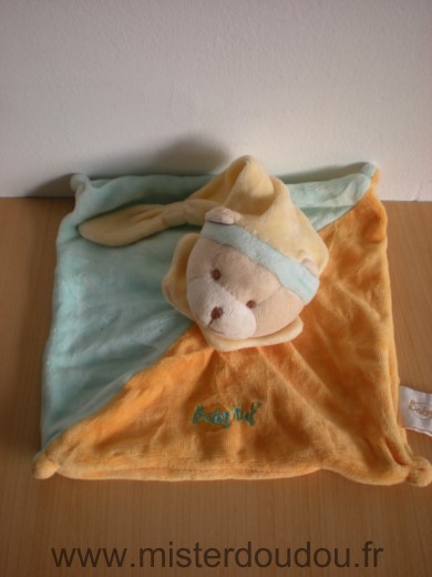 Doudou Ours Baby nat Bleu orange bonnet jaune 